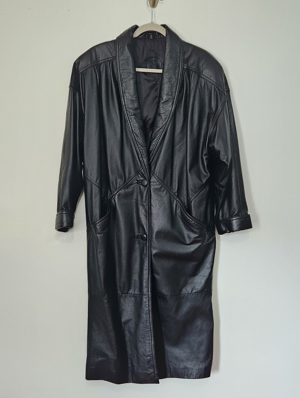 VTG Jacqueline Ferrar Black Leather Trench Coat Jacket Womens Medium Long 90s